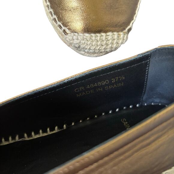 Saint Laurent Logo Embossed Espadrille Flats Gold Bronze Leather YSL Size 37.5 - Picture 9 of 11